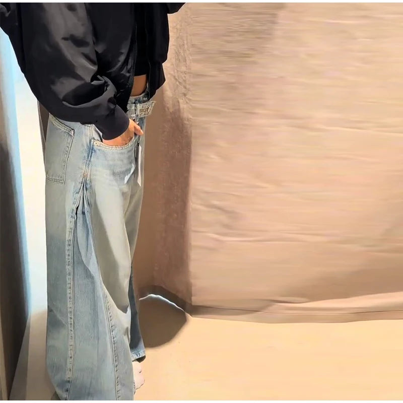 2026 Spring Low Waist Pleated Wide Leg Jeans Light Wash Raw Edge Double Waistband Casual Women Pants Trendy Y2K Lady Trousers