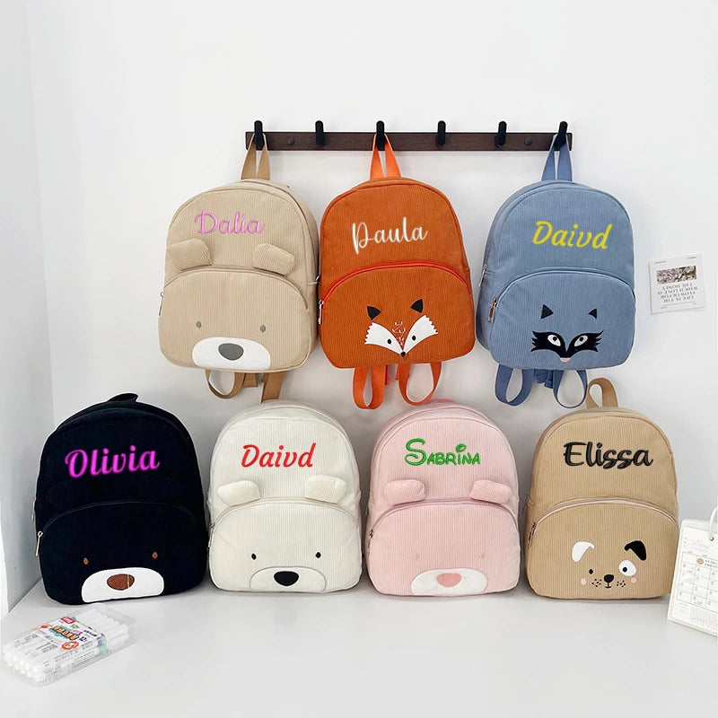 Personalized Name Embroidered Kids Backpack Pastel Corduroy Toddler Bag Soft Ribbed Fabric School Pack Cute Kindergarten Gift