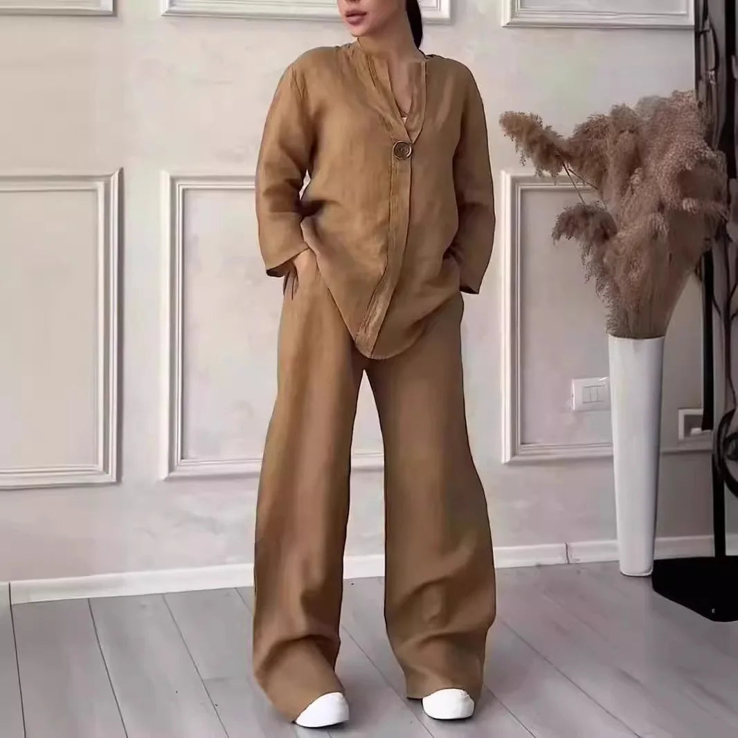 2026 New Europe USA Women's Comfortable Loose Top Wide Leg Pants Casual Cotton Linen Set