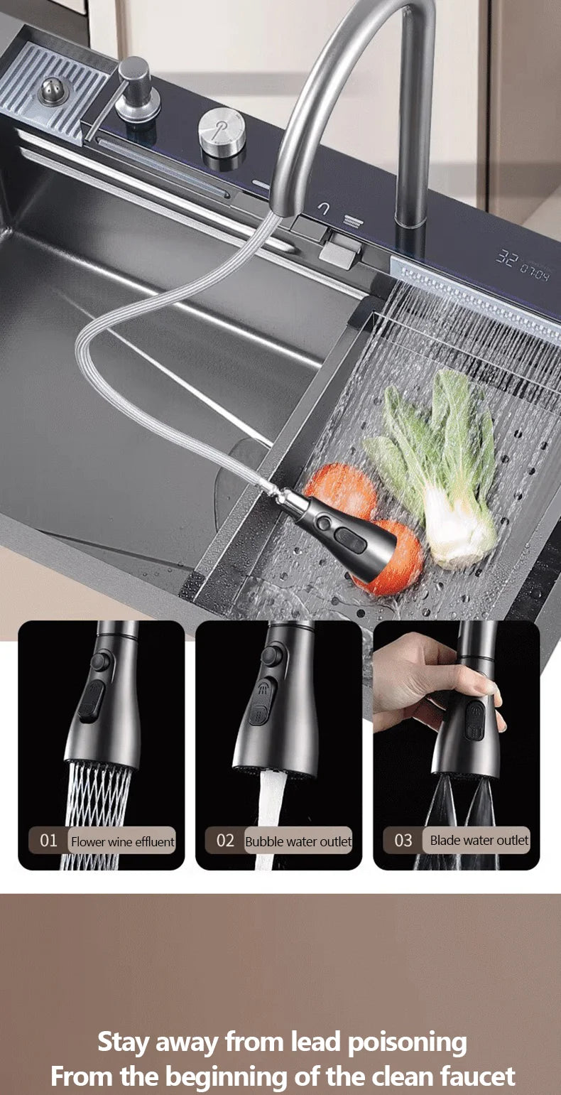 304 Sink Key Digital Display Waterfall Rain Sink Stainless Steel Large Single Trough Hand Basin Washing Dishes Under The Basin