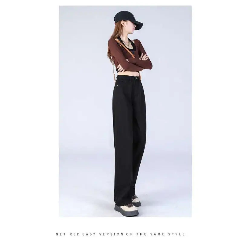 Woman Vintage Wide Leg Jeans Girls High Waist Pants Female Fashion Black Black Grey Retro Blue Light Blue Pink Denim Trousers