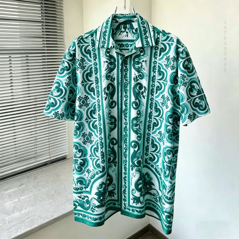 Men's shirts, summer Baroque printed shirts, loose oversized retro short sleeved shirts, vacation style versatile men's tops