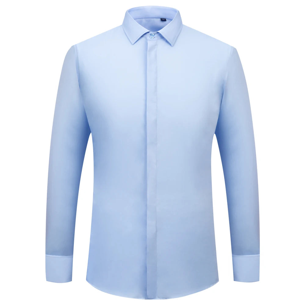 Men's 100% Cotton Iron-Free French Cuff Shirt Front Hidden Buttons Removable Collar Stays Formal Business Long Sleeve Shirts