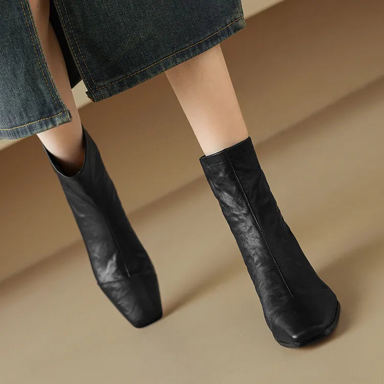 NEW Autumn/Winter Women Boots Square Toe Low Heel Shoes Genuine Leather Shoes for Women Concise Zipper Short Boots Modern Boots