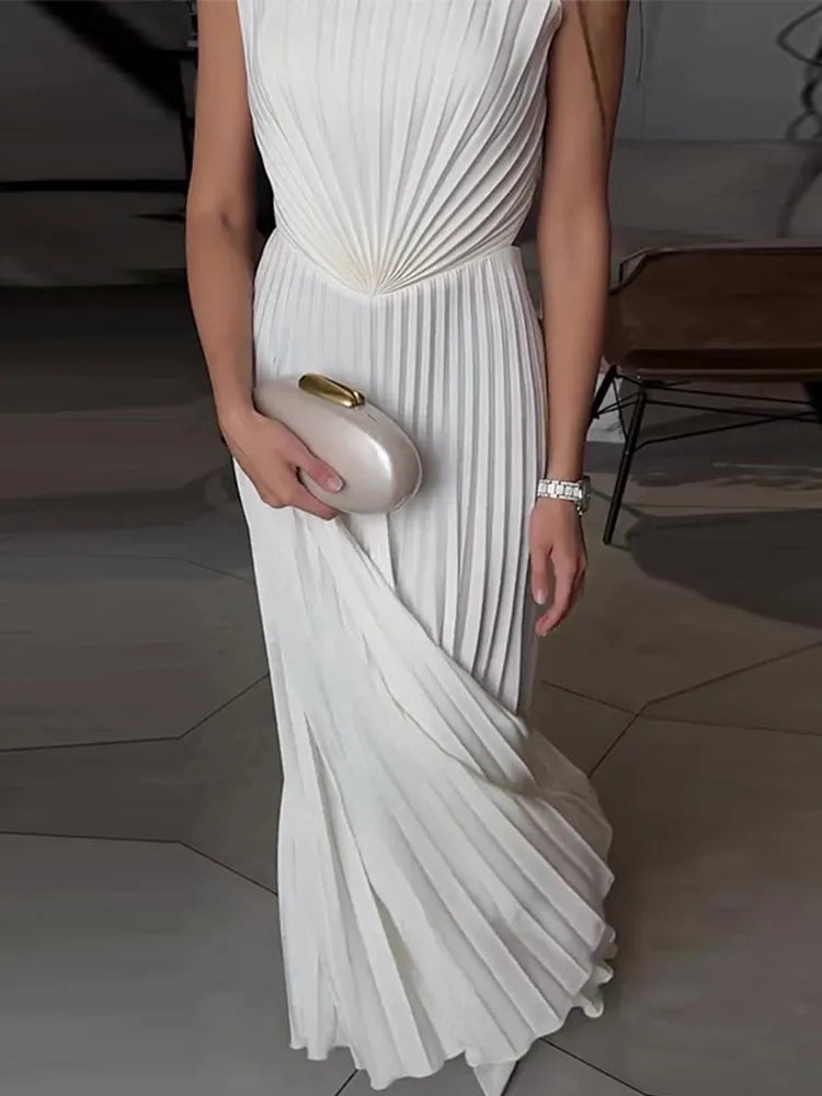 Elegant Solid Pleated Off Shoulder Long Dresses for Women Chic Sleeveless Backless Female Maxi Dress Summer New Beach Party Robe
