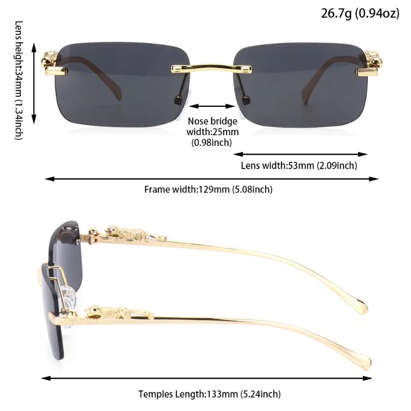Unisex Luxury Rimless Square Sunglasses - Brand Designer Leopard Head Metal Shade Eyewear Travel Driving