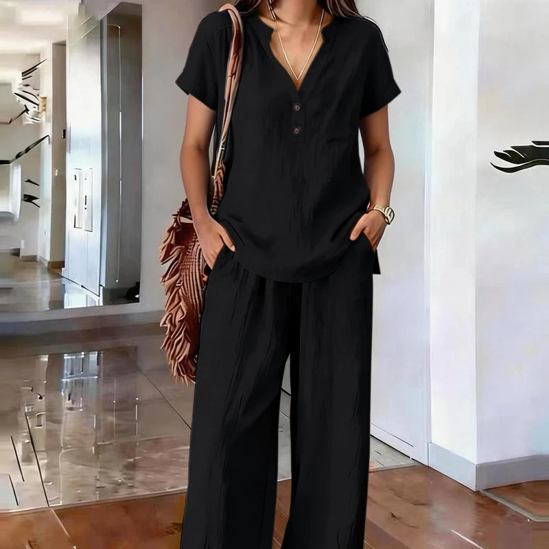 Solid Color Casual Loose Pants Sets For Women 2026 Elegant Summer Women's Two Pieces Suit Full Trouser Set Female Outfit Clothes