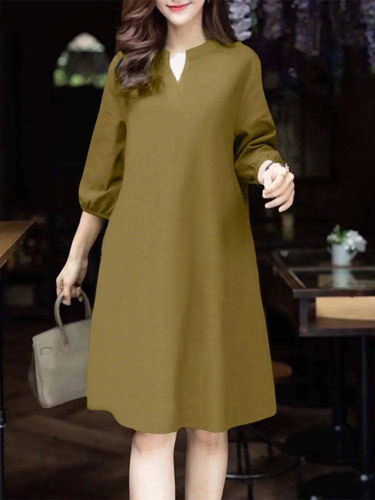 2025 ZANZEA Fashion Women V Neck 3/4 Sleeve Dress Autumn Sundress Elegant Solid OL Work Dresses Casual A Line Loose Vestido Robe