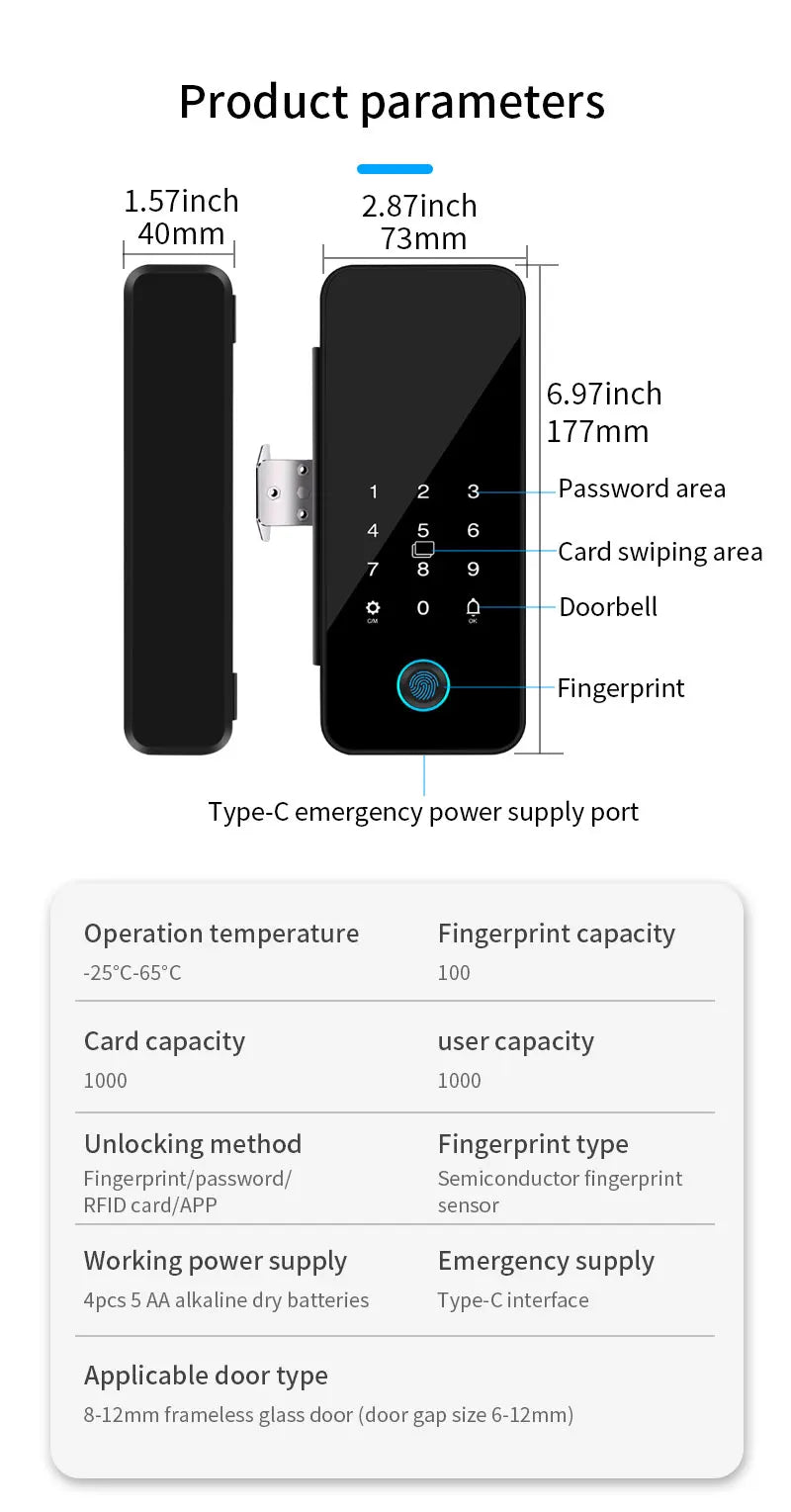 Multifunctional Smart Glass Door Lock Electronic Digit Biometric Fingerprint Tuya App Key Electric Smart Life Digital Door Lock
