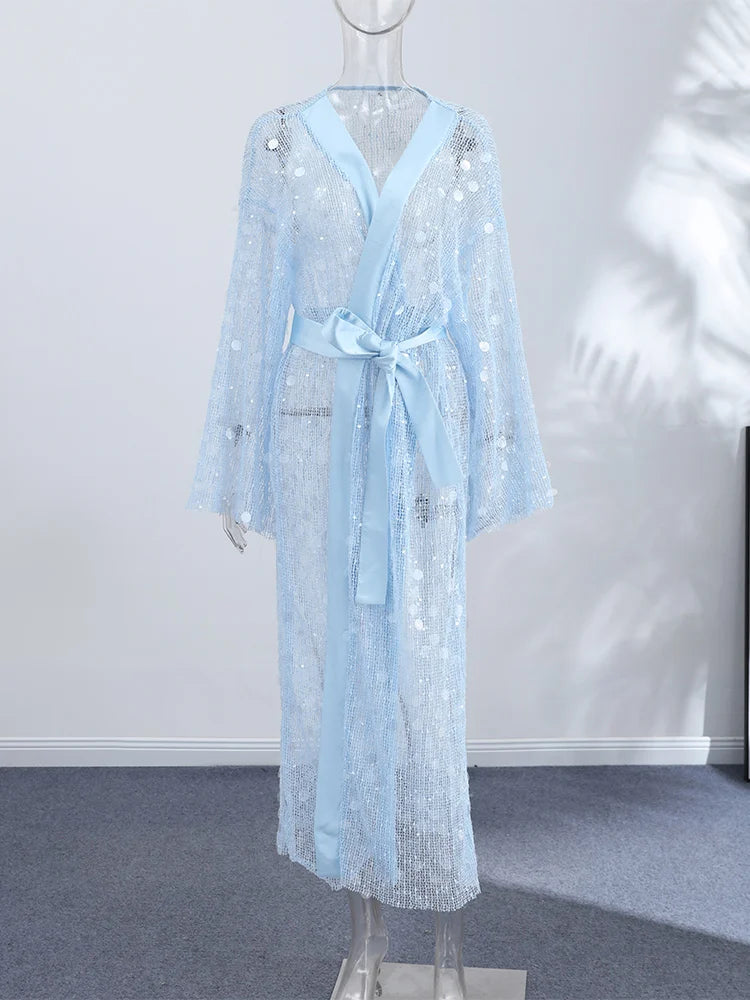 Sequined Hollow Out Long Dress Women Sexy V-neck Full Sleeve Mesh Patchwork Lace Up Cardigan Party Evening Dresses New Beachwear