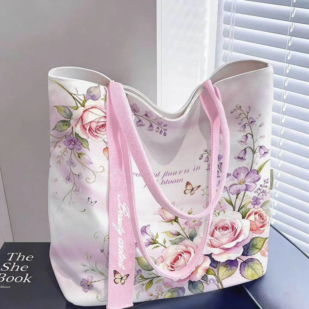 Portable Floral Canvas Tote Bag Large Capacity Reusable Commute Handbag Lightweight Shopping Bag For Work