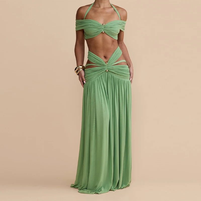 Elegant Sequin Floral Two Piece Set For Woman One Shoulder Crop Top + High Waist Cutout Mini Skirt Vacation Party Co-ord Set