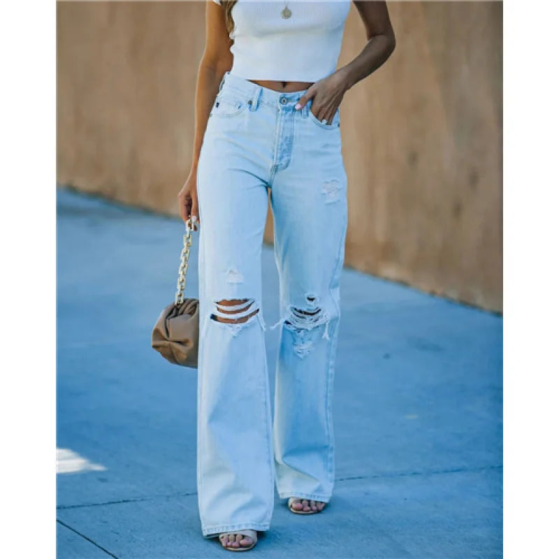 Women's Light Washed Ripped Denim Jeans Casual Trendy High Waist Straight Leg Pants
