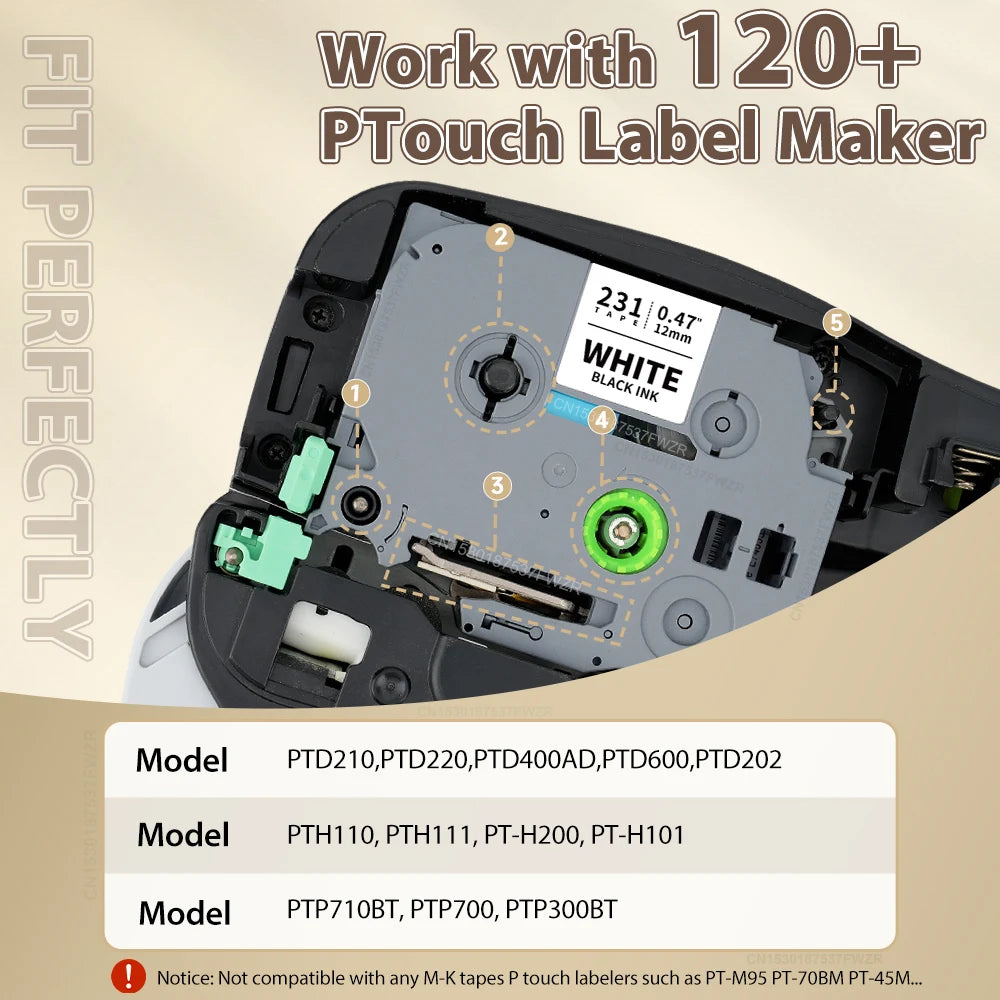 2/5/10PK TZe 231 Compatible for Brother Label Tape TZe231 TZe131 TZ431 TZ531 TZ631 TZ731 12mm Laminated Tape for Brother P-touch