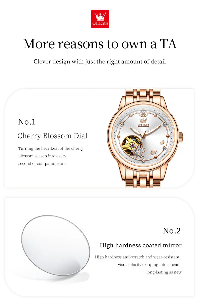 OLEVS 6732 Women's Watches Elegant Rose Gold Stainless Steel Hollowed Diamond Dial Automatic Mechancial Watch Gift Box for Women