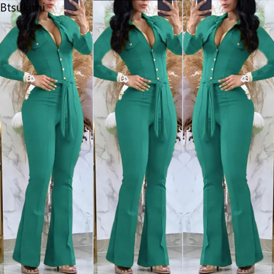New Spring Women's Long Sleeve Jumpsuits Fashion Casual Button Turn-Down Collar Skinny Bootcut Jumpsuit with Belt Y2K Streetwear