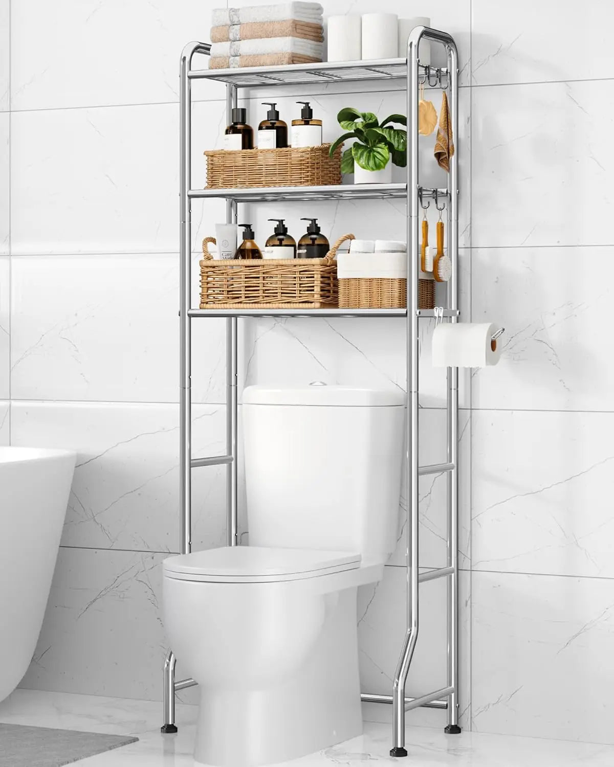 Over Toilet Storage Rack - 4 Tier Metal Bathroom Organizer Shelf with Paper Holder and Hooks, Black