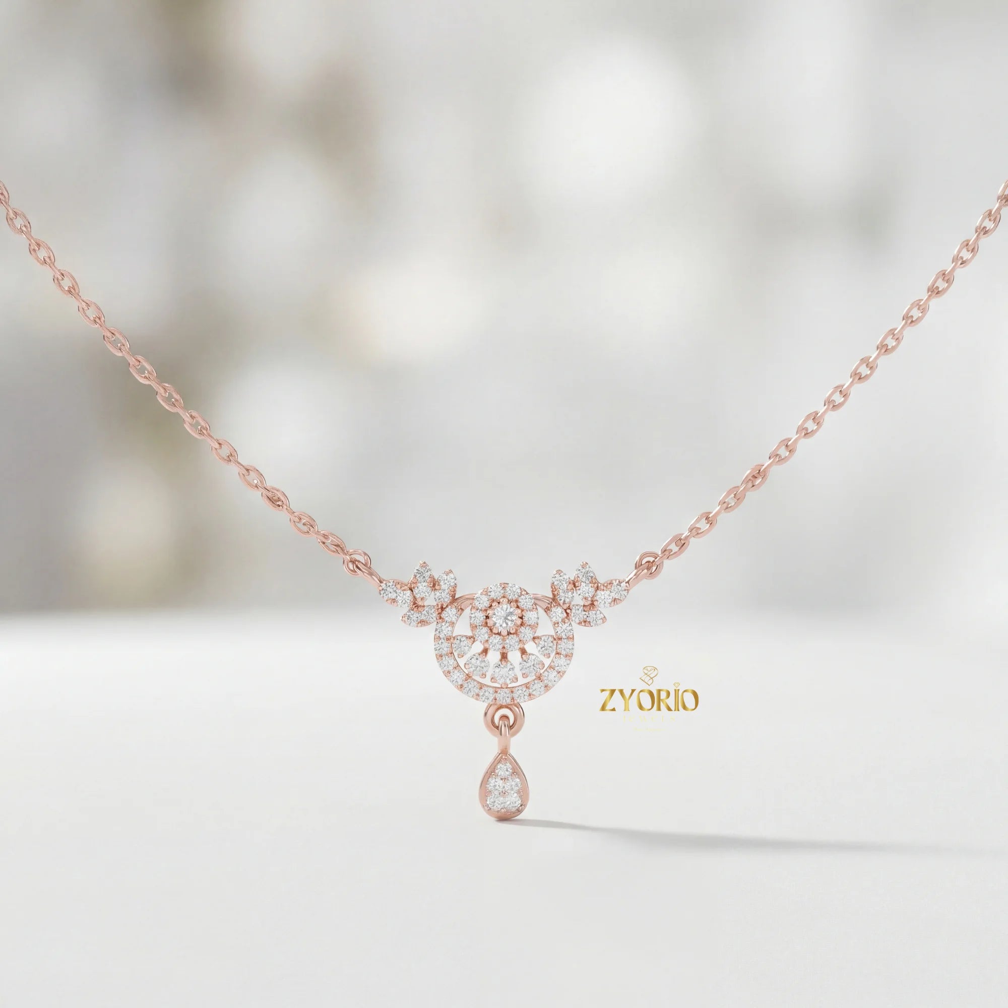 ZYORIO Women's Rose Gold Diamond Pendant Necklace Floral Design Pave Setting Round Brilliant Cut Teardrop Drop Romantic Wedding