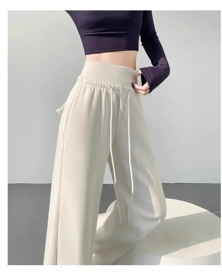 Women High Waist Drawstring Wide Leg Sweatpants Casual Loose Solid Color Straight Trousers Soft Sports Jogger Pants Streetwear