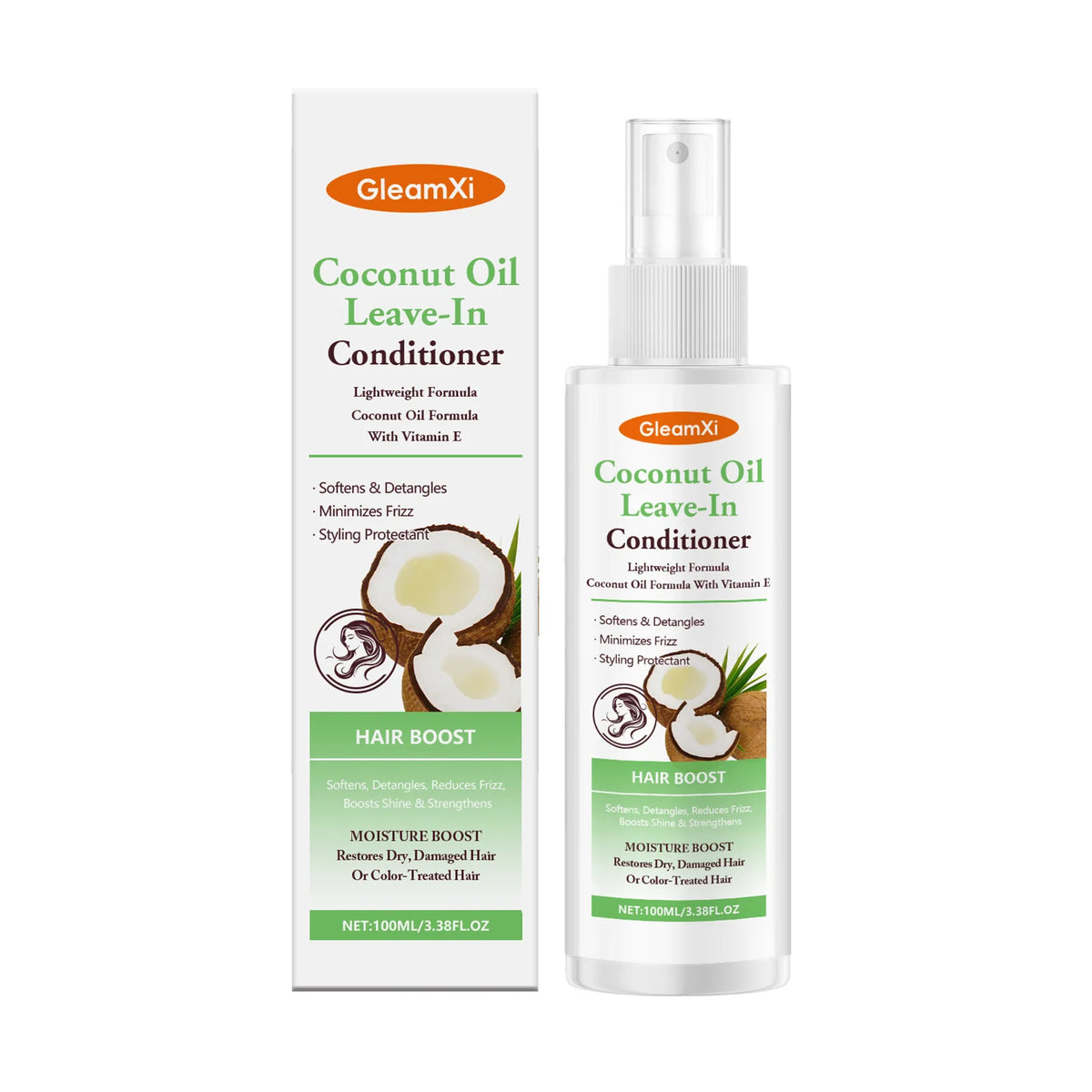 Gleamxi Coconut Oil Leave-In Conditioner Spray Softens Detangles Dry Tangled Minimizes Frizz Boosts Shine Hair Care Product