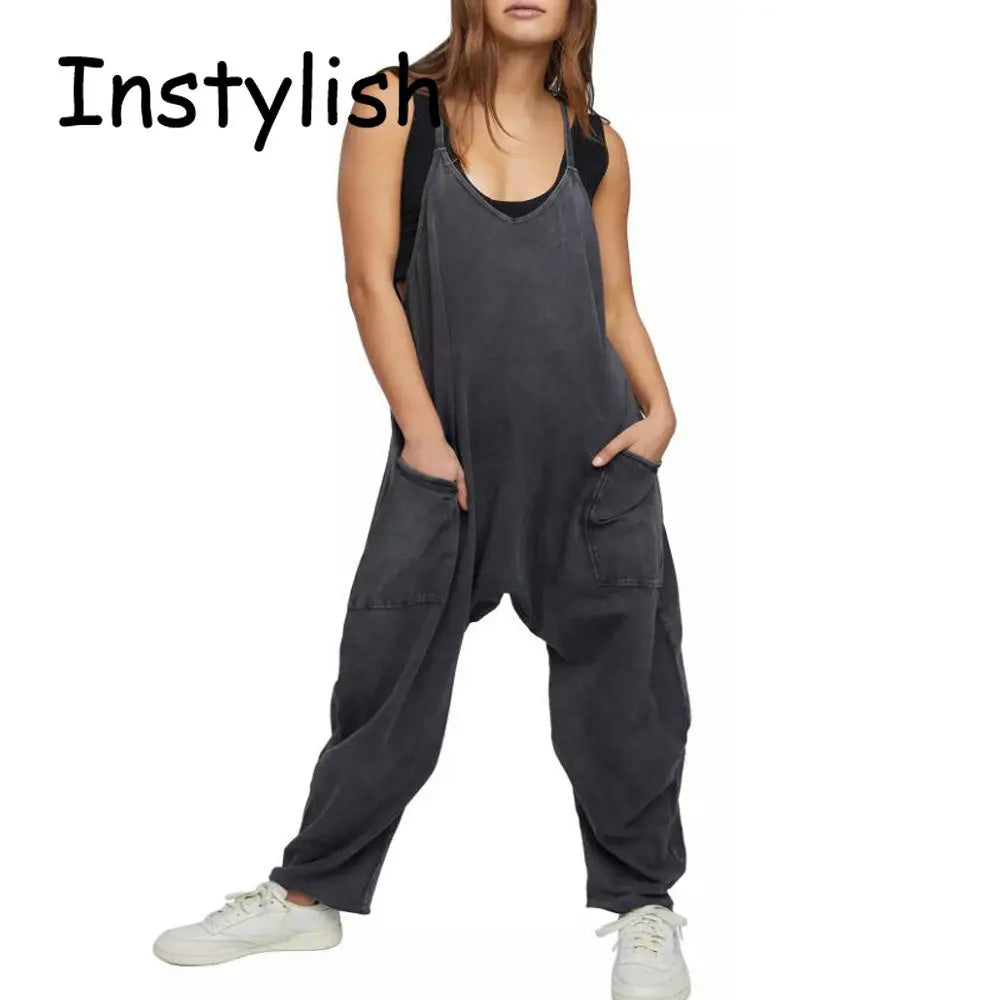 Women Casual Spaghetti Strap Sleeveless Jumpsuit Vintage Harajuku Wide Leg Loose Pants Summer Solid Oversize Overalls Rompers