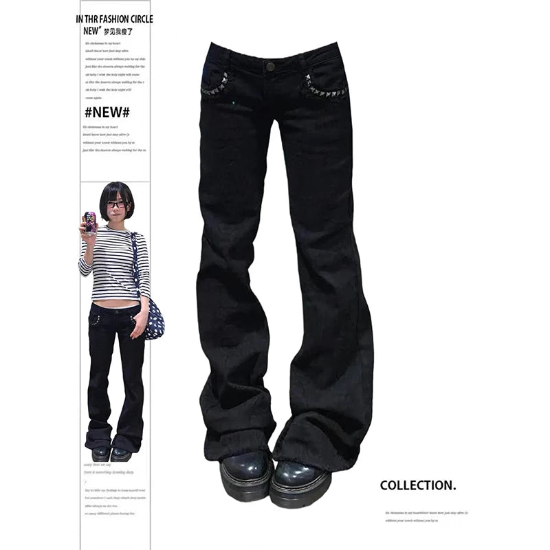 ZHIZOU Women Low Rise Jeans Black Flared Denim Pants Gyaru American Retro Korean Cyber Punk Trumpet Jeans Y2k Skinny Bell Bottom