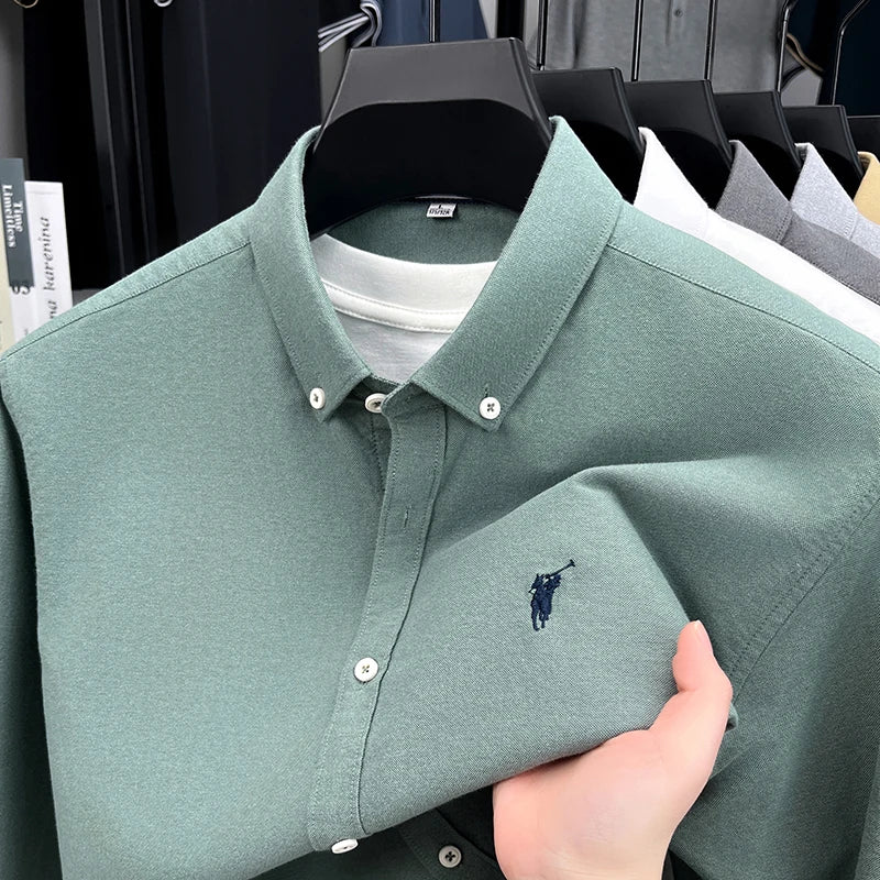 High End 100% Pure Cotton Long Sleeved Men's 2026 Spring Fashion Solid Color Business Casual Small Horse Logo Shirt