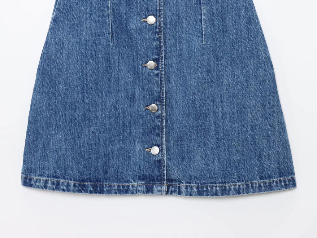 Women Denim Short Dress Round Neck Sleeveless Vest Style Single Breasted Design Solid Color Simple Daily Casual Versatile Dress