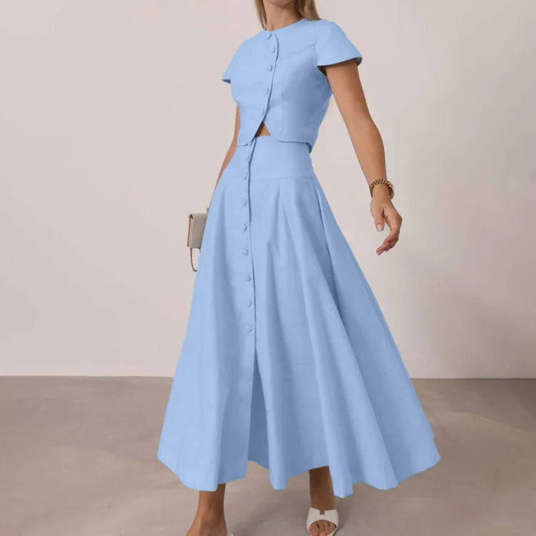 Two Pieces Women Dress Sets Solid Matching Sets Button Short Sleeves Top Empire Waist Ankle Length Skirt Loose Fit 2026 Summer