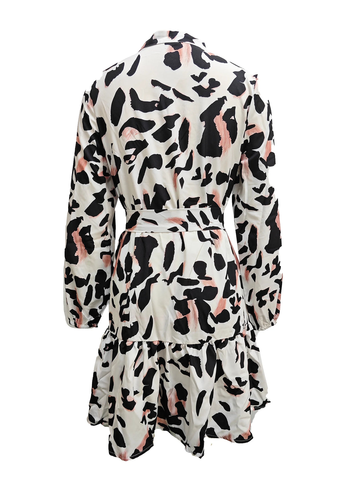 Women's Leopard Buttons Belted V Neck Mini Dress Elegant Daily Long Sleeve Fall