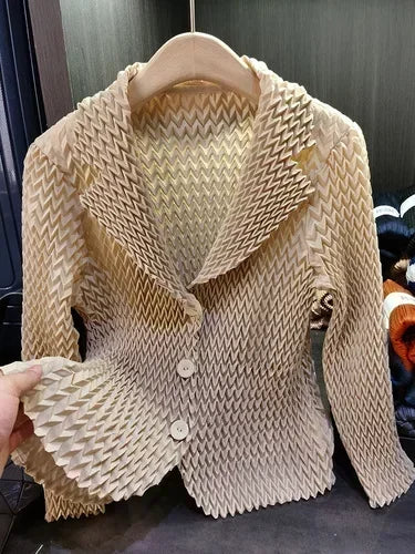 Pleats Original High-end Simple Solid Wave Pleated Small Suit Casual Versatile Long-sleeved Short Jacket Female Spring New