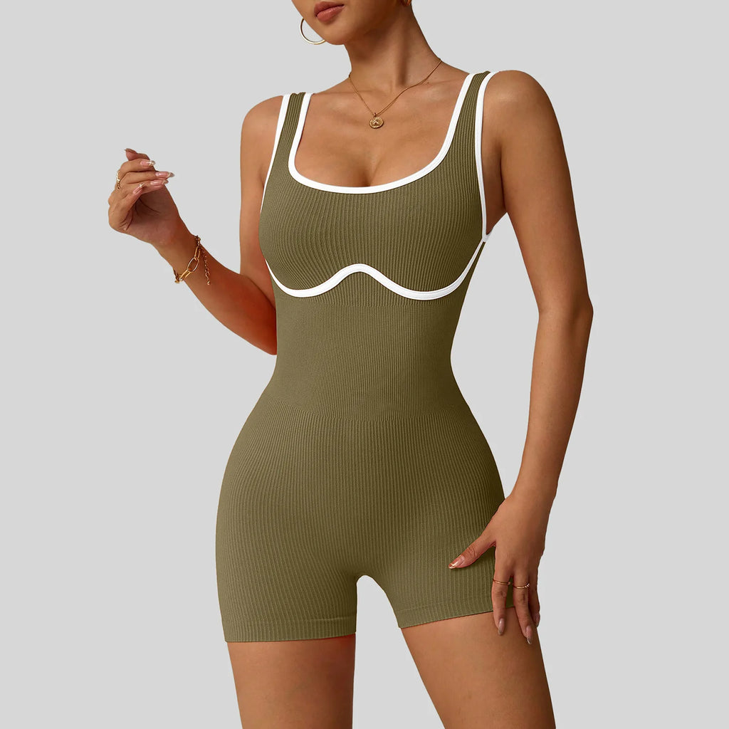 Seamless Ribbed Yoga Set for Running Dancing Fitness Color Blocked Jumpsuit