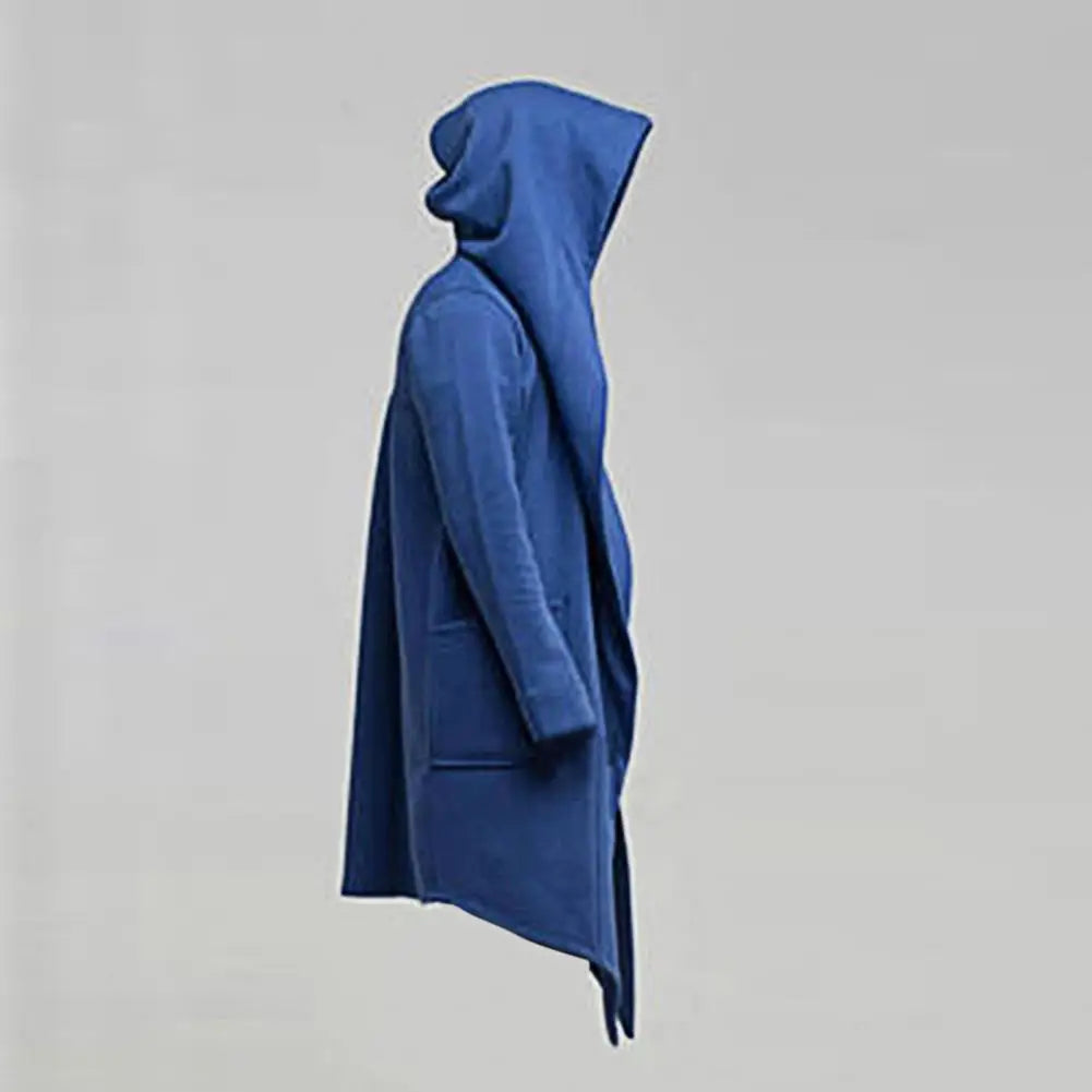 Oversize Men Coat Long Turn-down Collar Big Hat Cardigan Trench Coat Hooded Oblique Hem Big Pockets Men Windbreaker Outwear