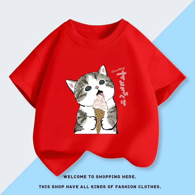 2026 New Mofusand Cat Girl's Clothing Short Sleeved T-shirt Baby Pure Cotton Top Summer New Clothes Children's Base Shirt