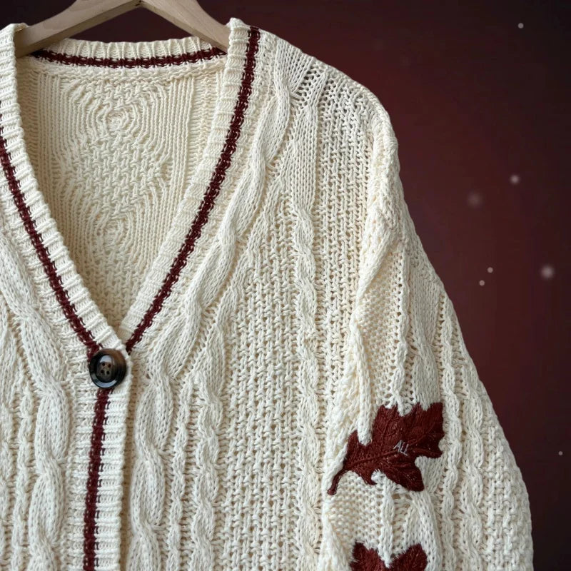 Autumn Leaves Knitted Cardigan Women Red Maple Leaf Embroidered Oversized Cardigan Folklore Girl Fall Winter Low V-neck Sweater