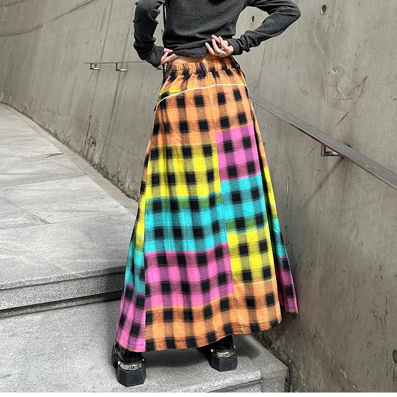 High Fashion Denim Skirt Women Elastic High Waist A-Line Long Skirt Female Colorful Patchwork Plaid Jean Skirt