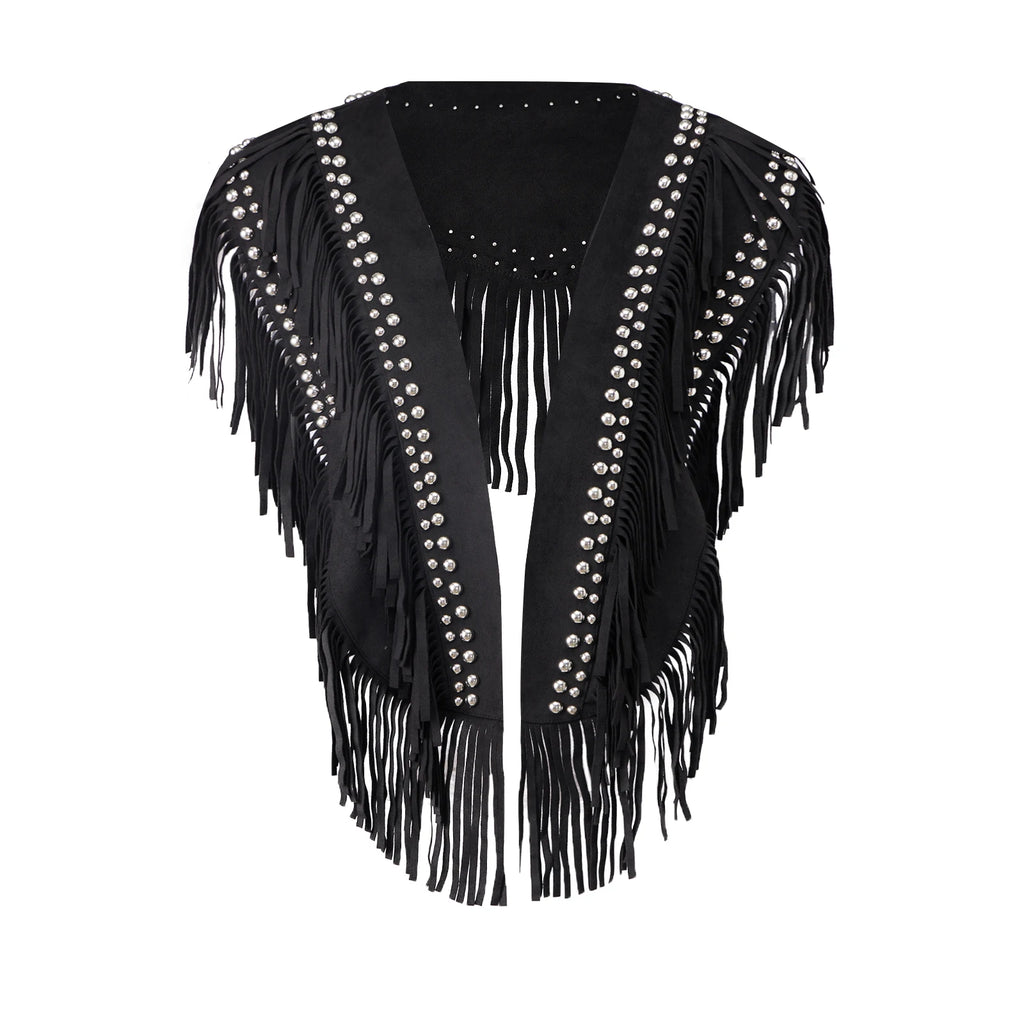 Women Studded Suede Collar Shawl Scarf Wrap Western Fringe Vest Boho Hippie Cowgirl Outfits