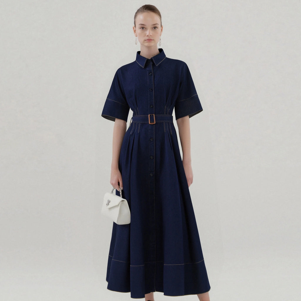 Women's Denim Long Dress 2025 Autumn New Texture navy blue Women's Business Long Dress