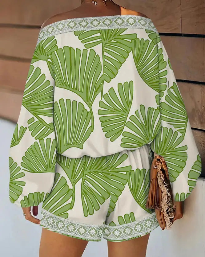 Two Piece Set Women Outfit 2026 Spring New Fashion Print Lantern Sleeve Slanted Collar Loose Top & Elastic Waist Shorts Set