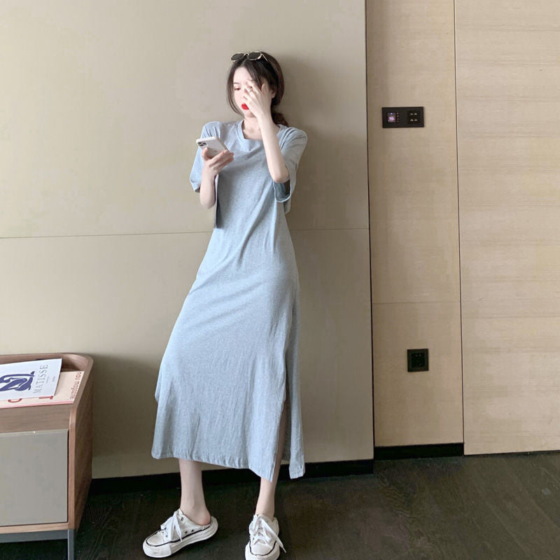 Summer Backless Split Hem Midi Dress Round Neck Short Sleeve Printing Ladies Dresses Korean Fashion Women Clothing