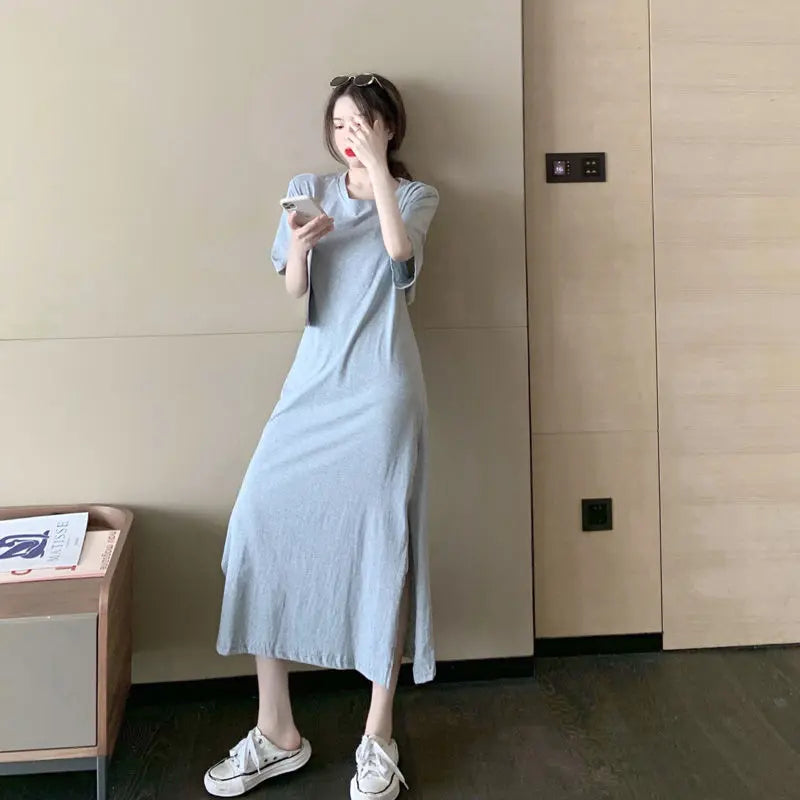 Summer Backless Split Hem Midi Dress Round Neck Short Sleeve Printing Ladies Dresses Korean Fashion Women Clothing