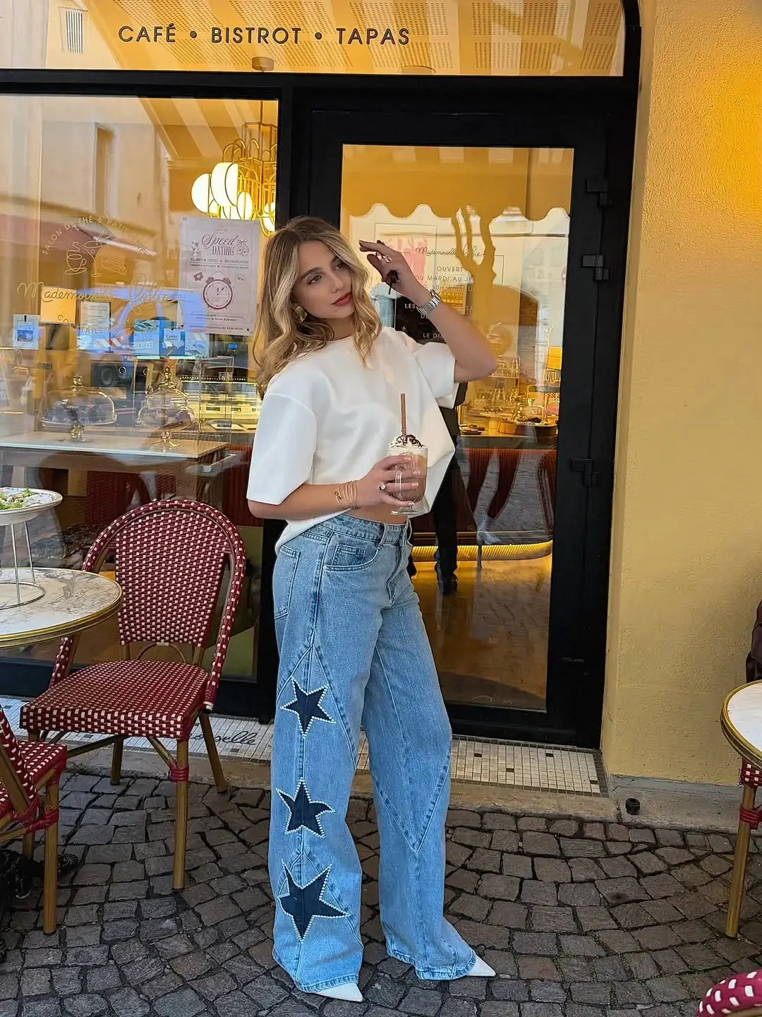Women Blue Wide Leg Jeans Lady High Waist Star Patchwork Denim Pants Loose Fit Straight Leg Trousers 2026 New Casual Street Wear
