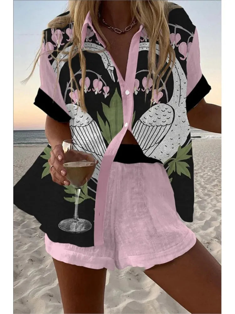 Fashion Lapel Short-sleeved Single-breasted Shirt Top + Shorts 2-piece Set Women Elegant Summer Print Loose Casual Suit Female