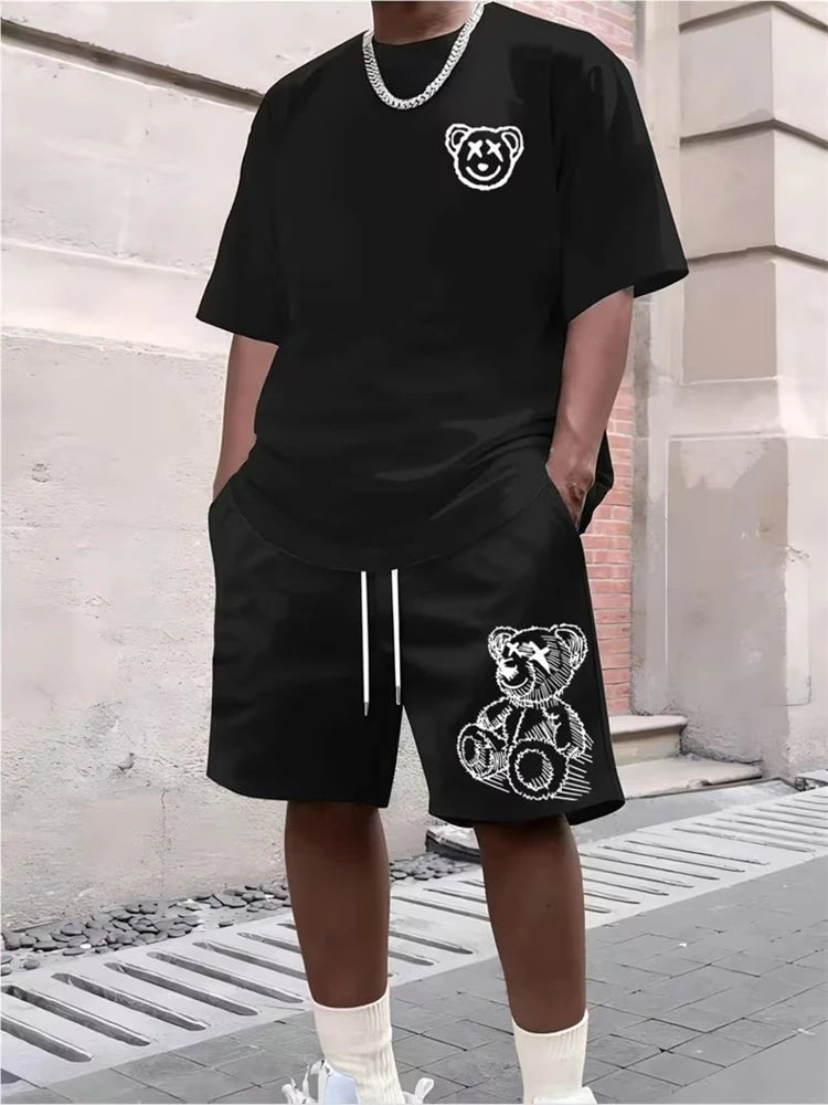 2026 New Spring/Summer Simple Letter 3D Printed Men's Casual Short-sleeved Set, Outdoor Street Fashion Trendy Men's Top And Shor