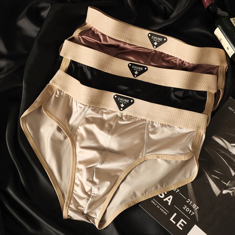 3PCS/Pack Luxury Satin-like Men's Briefs Ice Silk Hygroscopic Breathable Mesh Crotch Panties Soft High Elastic Man Underwear