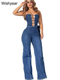 Sexy Off Shoulder Backless Denim Women's Jumpsuits High Waist Hollow Out Wide Leg Pants Jeans Bodysuit Summer Female Outwears