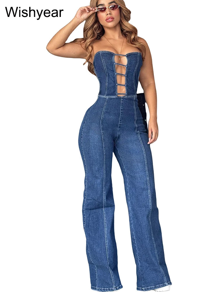 Sexy Off Shoulder Backless Denim Women's Jumpsuits High Waist Hollow Out Wide Leg Pants Jeans Bodysuit Summer Female Outwears