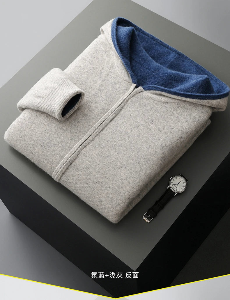 New Men's 100% Merino Wool Double Sided Wearable Hooded Sweater Casual Autumn Winter Coat Long Sleeved Men's Wool Sweater Tops