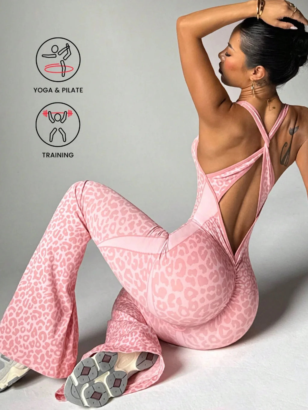 Women Leopard Print Cross Back Flared Jumpsuit Seamless Butt Lifting Yoga Bodysuit High Elastic Workout Fitness Sports Jumpsuit