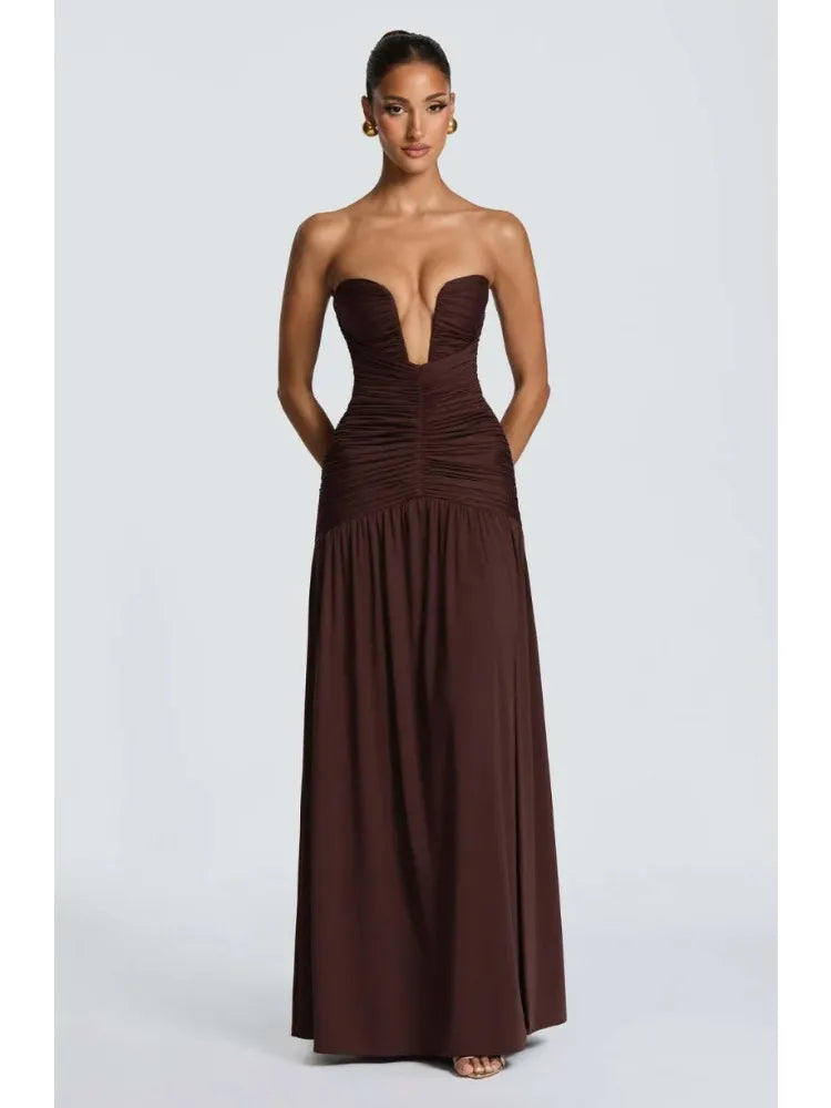 2026 Deep V Neck Pleated Strapless Dress Women Elegant Off Shoulder Backless Split Maxi Evening Party Vestidos